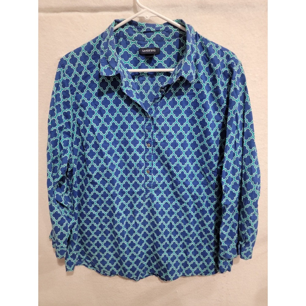Lands' End 18 Womens Blue Green Quatrefoil Tile Print Cotton Poplin‎ Blouse